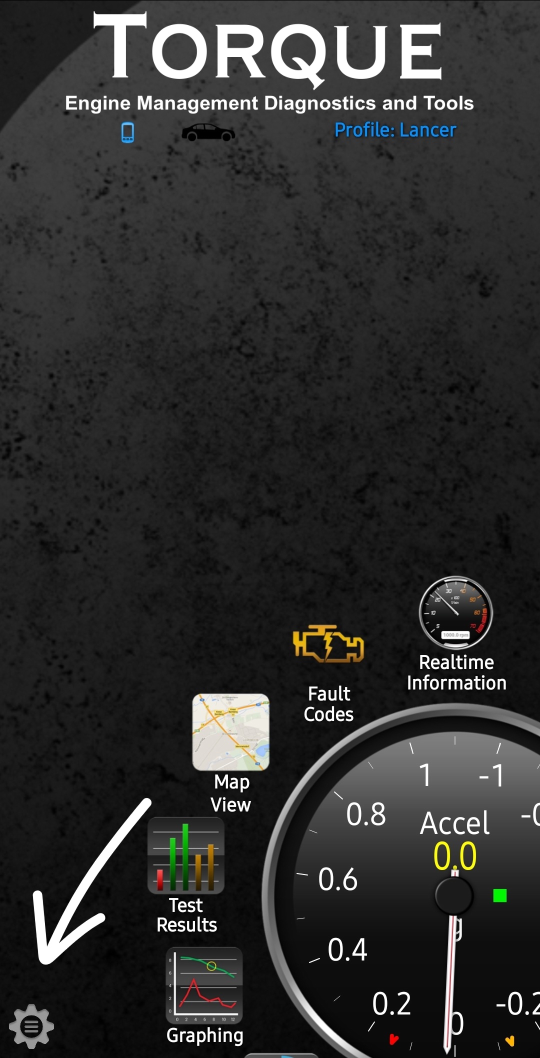 Torque Pro main screen showing gear icon at bottom left