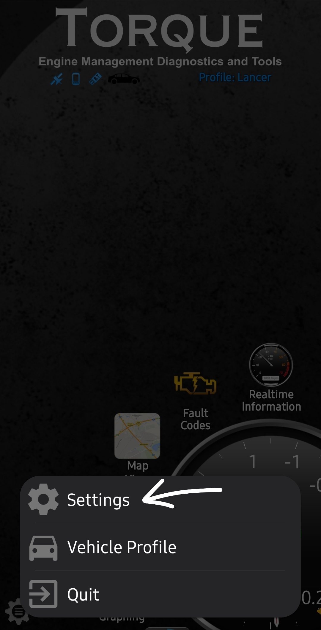 Torque Pro menu with Settings option highlighted