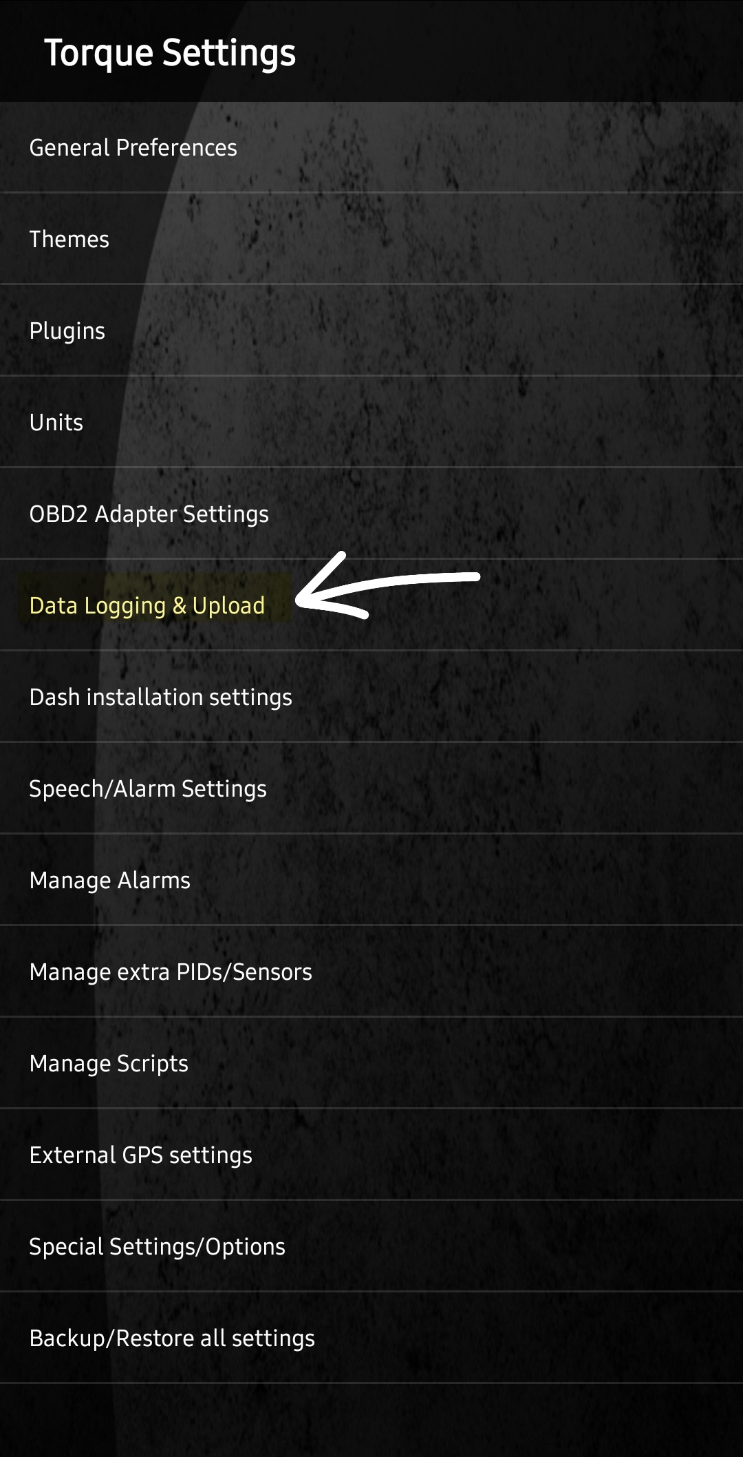 Torque Settings screen with Data Logging and Upload option