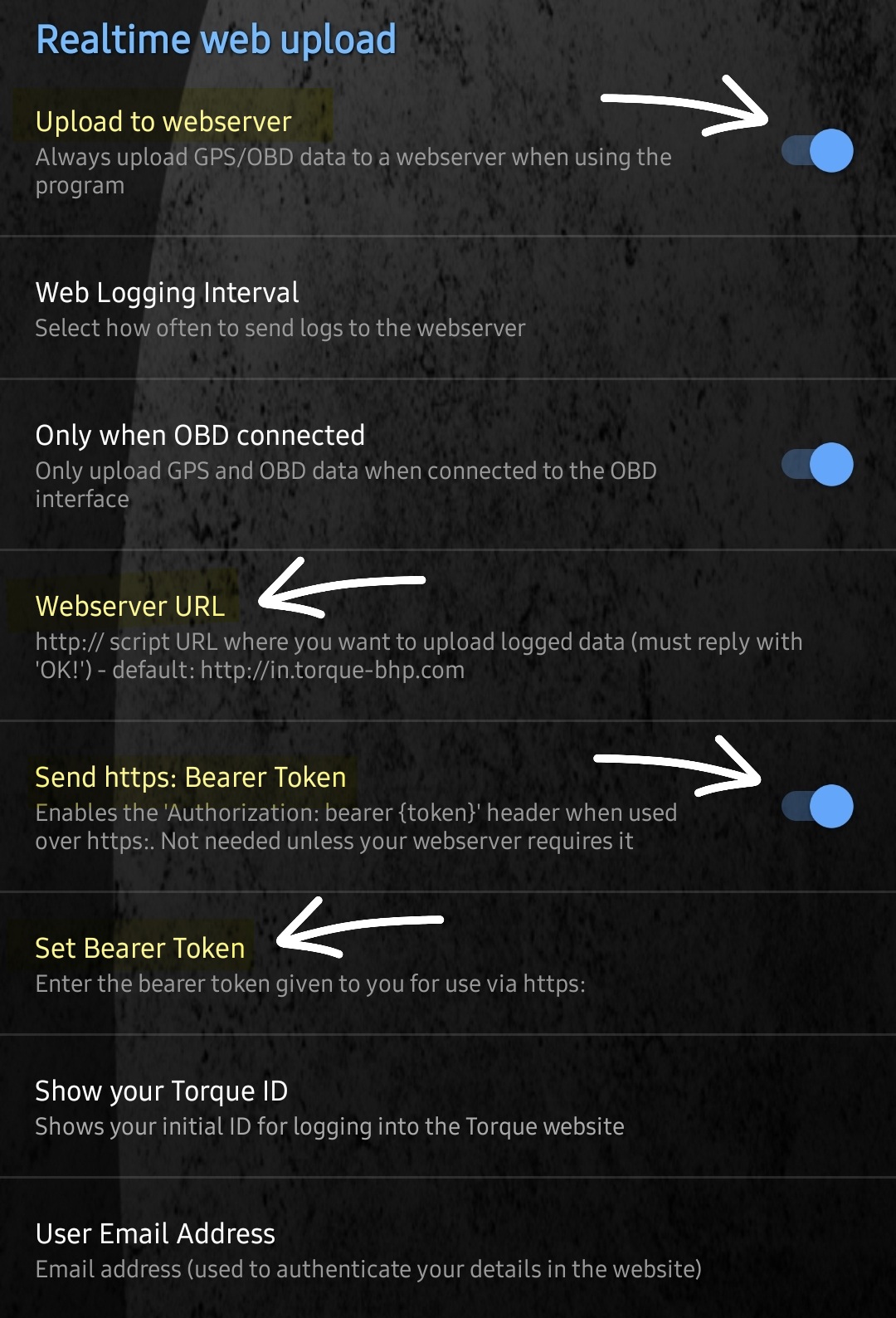 Torque Pro realtime web upload configuration screen